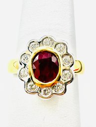 18KT Gold 2-Tones Natural Ruby And Diamond Fancy Ring Size 7 - J11379