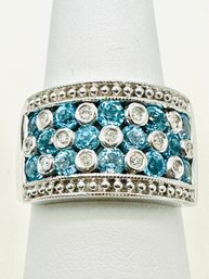 14KT White Gold Natural Diamond And Blue Topaz Wide Band Ring Size 6.75 - J11448