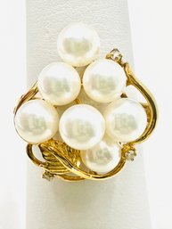 14 Karat Yellow Gold Pearl And Natural Diamond Cluster Ring Size 7.25 - J11456