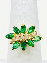 14 Karat Yellow Gold Natural Diamond And Natural Emerald Cluster Ring Size 5.75 - J11462
