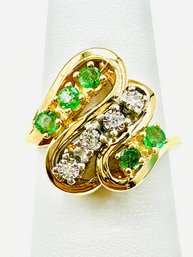 14 Karat Yellow Gold Natural Diamond And Natural Emerald Ring Size 5.75 - J11463