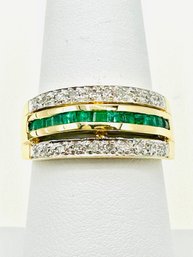 14 Karat Yellow Gold Natural Diamond And Natural Emerald Ring Size 7.25 - J11465