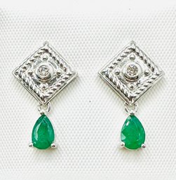 14 Karat White Gold Natural Diamond And Natural Emerald Dropped Earrings - J11467