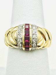 14 Karat Yellow Gold Natural Ruby And Natural Diamond Ring Size 6.5 - J11507