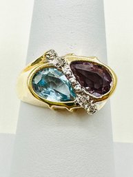 Natural Amethyst And Blue Topaz And Diamond 14KT Yellow Gold Ring Size 7.25 - J11527