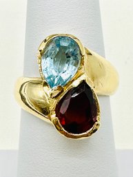 Natural Garnet And Blue Topaz 14KT Yellow Gold Ring Size 6 - J11528