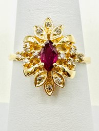 14 Karat Yellow Gold Natural Diamond And Natural Ruby Ring Size 6.5 -  J11551