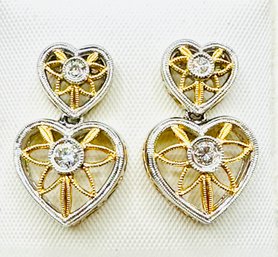 14 Karat Yellow And White Gold Natural Diamond Double Heart Earrings - J11563