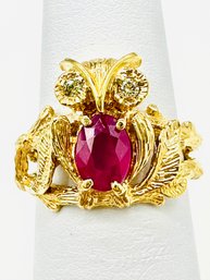 18 Karat Yellow Gold Natural Diamond And Natural Ruby Owl Ring Size 5.75 - J11584