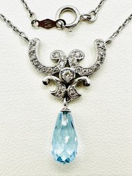 14 Karat White Gold Natural Diamond And Blue Topaz Pendant With Chain - J11590