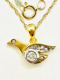 18KT 2-Tones GoldNatural Diamond Bird Pendant And 14KT Yellow Gold Chain - J11597