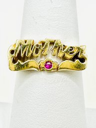 14 Karat Yellow Gold MOTHER Ring With Red Stone Size 6.5 - J11604