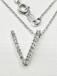 14KT White Gold  Natural Diamond Initial V Pendant With Chain - J11675