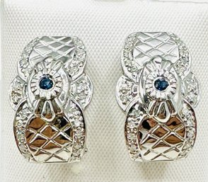 14KT White Gold  Natural Diamond And Sapphire French Clip Earrings - J11684