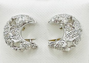 18KT White Gold  Natural Diamond Moon And Star French Clip Earrings - J11688