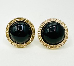 14KT Yellow Gold Round Onyx Earrings - J11742