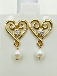 14KT Yellow Gold  Natural Diamond And Pearl Handing Earrings - J11743