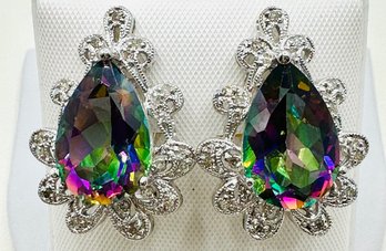 14KT White Gold Natural Diamond And Mystic Topaz Earrings - J11744