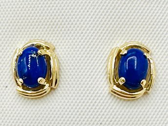 14KT Yellow Gold Oval Lapis Stud Earrings - J11747