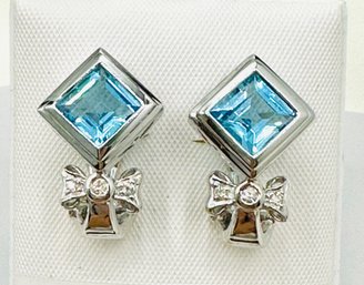 14KT White Gold Natural Diamond And Blue Topaz Earrings - J11750