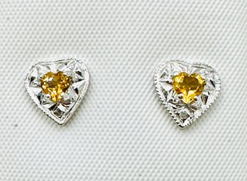 14KT White Gold Natural Diamond And Yellow Topaz Heart Earrings - J11755