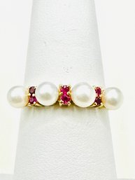 14KT Yellow Gold  Natural Ruby And Pearl Fancy Band Size 6.75 - J11789