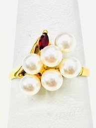 18KT Yellow Gold  Natural Ruby And Pearl Fancy Ring Size 6 - J11790