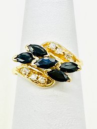 14KT Yellow Gold  Natural Diamond And Sapphire Ring Size 5.25 - J11798