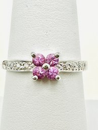 14KT White Gold  Natural Diamond And Pink Sapphire Ring Size 7 - J11799