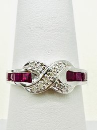 14KT White Gold  Natural Diamond And Ruby Ring Size 6.5 - J11800