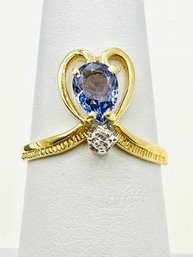 14KT Yellow Gold  Natural Diamond And Tanzanite Heart Ring Size 6.5 - J11801