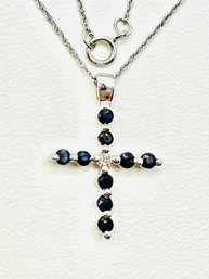 14KT White Gold Natural Sapphire Diamond Cross Pendant And Chain - J11803