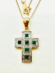 14KT Yellow Gold Natural Emerald Diamond Cross Pendant And Chain _ J11804