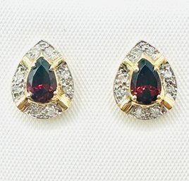 14KT Yellow Gold  Pair Of Natural Diamond And Garnet Earrings - J11811