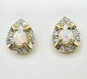 14KT Yellow Gold  Pair Of Natural Diamond And Opal Earrings - J11812