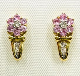 14KT Yellow Gold  Pair Of Natural Diamond And Pink Sapphire Flower Earrings - J11820