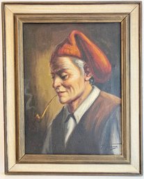 Vintage Oil On Canvas Smoking Old Man Signed