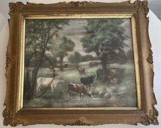 Antique Pastel Countryside Cows In River Dated And Signed 1902