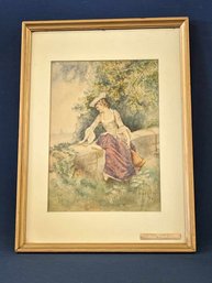 Signed M. Meader 1898 Watercolor Painting Of A Young Woman