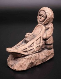 Vintage Ceramic Eskimo Girl And Dog On Sled Sculpture