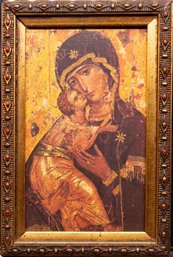Old Wood Religious Icon Of Holy Mother And Jesus With Frame