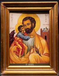 Vintage Print On Paper Saint Joseph Icon With Frame