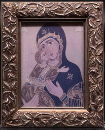 Vintage Print On Paper Holy Mother And Jesus Icon With Frame