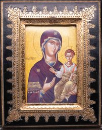 Vintage Print On Paper Holy Mother And Jesus Icon With Frame