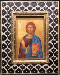 Vintage Print On Paper Jesus Icon With Frame