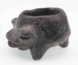 Antique Small Black Ceramic Toad Cup