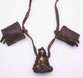 Old Tibetan Leather And Brass Buddha Necklace Amulet