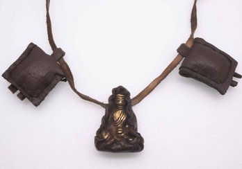 Old Tibetan Leather And Brass Buddha Necklace Amulet