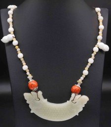 Old Chinese Celadon Jade Bi And Bead Necklace
