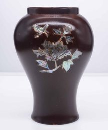 Old Chinese Lacquerware Mother Of Pearl In Wood Vase